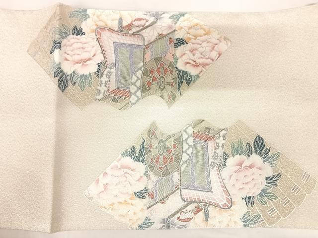 平和屋着物◎綴れ　太鼓柄袋帯　御所車花文　銀彩　正絹　逸品　AABD3514yx