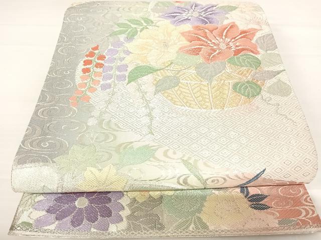 平和屋着物◎佐賀錦　六通柄袋帯　桧扇花籠　銀糸　正絹　逸品　AABD3520yx