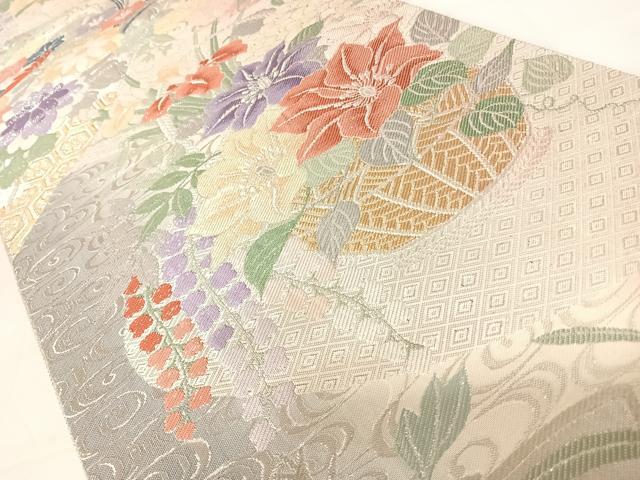 平和屋着物◎佐賀錦　六通柄袋帯　桧扇花籠　銀糸　正絹　逸品　AABD3520yx