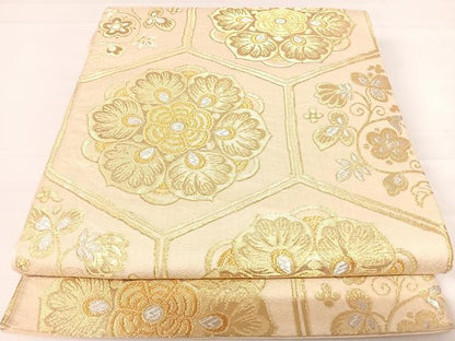 平和屋着物◎六通柄袋帯 亀甲花文 金銀糸 正絹 逸品 AABD3525yx