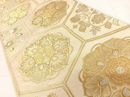 平和屋着物◎六通柄袋帯 亀甲花文 金銀糸 正絹 逸品 AABD3525yx