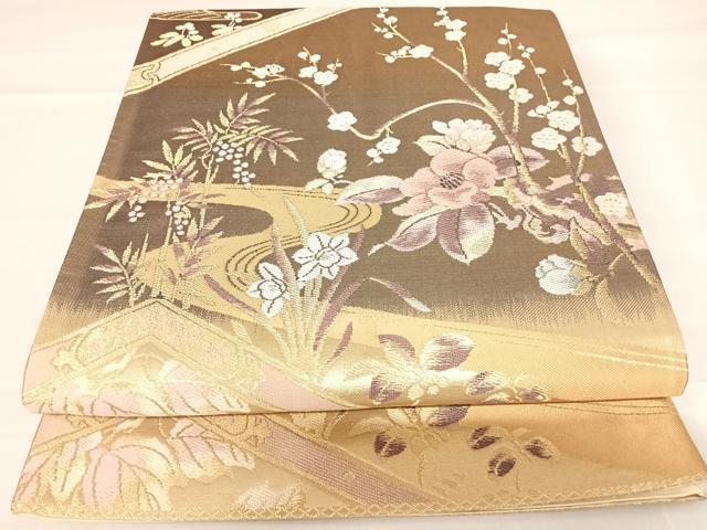 平和屋着物◎六通柄袋帯　流水花文　金糸　正絹　逸品　AABD3531yx