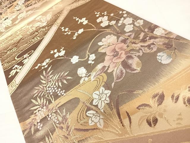 平和屋着物◎六通柄袋帯　流水花文　金糸　正絹　逸品　AABD3531yx