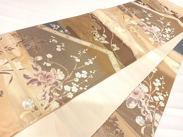 平和屋着物◎六通柄袋帯　流水花文　金糸　正絹　逸品　AABD3531yx