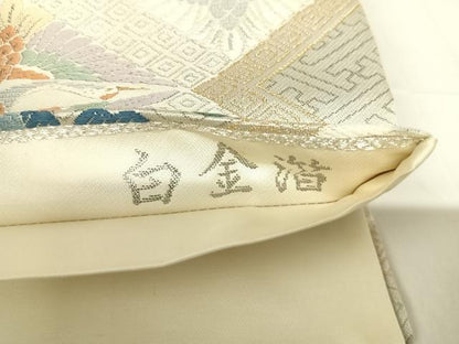 平和屋着物◎六通柄袋帯　双鶴花文　白金箔　正絹　逸品　AABD3534yx