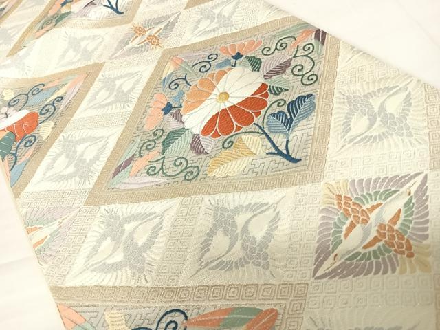 平和屋着物◎六通柄袋帯　双鶴花文　白金箔　正絹　逸品　AABD3534yx