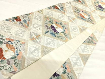 平和屋着物◎六通柄袋帯　双鶴花文　白金箔　正絹　逸品　AABD3534yx