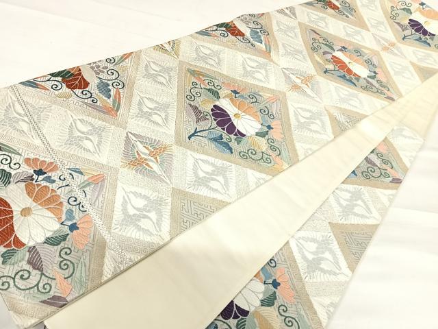 平和屋着物◎六通柄袋帯　双鶴花文　白金箔　正絹　逸品　AABD3534yx