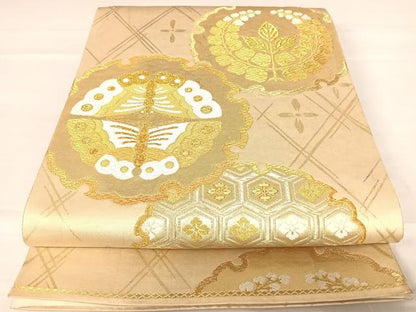 平和屋着物◎六通柄袋帯　唐織　夕顔　雪輪花蝶文　金糸　正絹　逸品　AABD3540yx