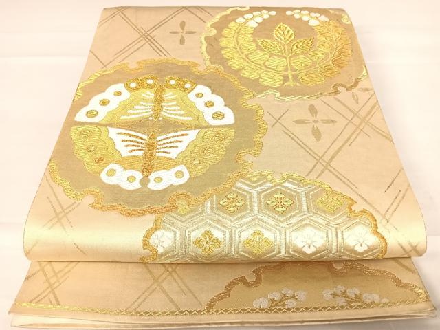 平和屋着物◎六通柄袋帯　唐織　夕顔　雪輪花蝶文　金糸　正絹　逸品　AABD3540yx