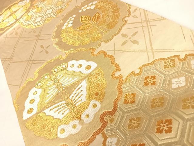 平和屋着物◎六通柄袋帯　唐織　夕顔　雪輪花蝶文　金糸　正絹　逸品　AABD3540yx