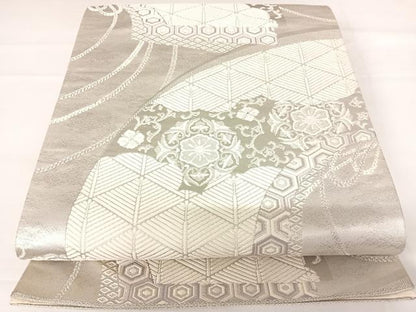 平和屋着物◎六通柄袋帯 唐織 吉祥花文 銀糸 正絹 逸品 AABD3543yx