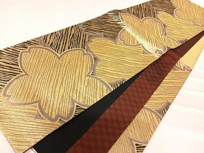 平和屋着物◎六通柄袋帯 舞桜文 黒地 金糸 正絹 逸品 AABD3581yx
