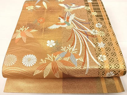 平和屋着物◎六通柄袋帯　唐織　尾長鳥花文　金銀糸　正絹　逸品　AABD3593yx