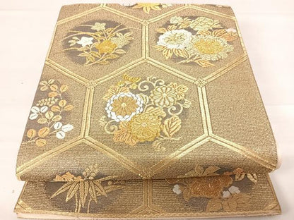 平和屋着物◎六通柄袋帯 唐織 朱座蜀金 亀甲花丸文 金糸 正絹 逸品 AABD3629yx