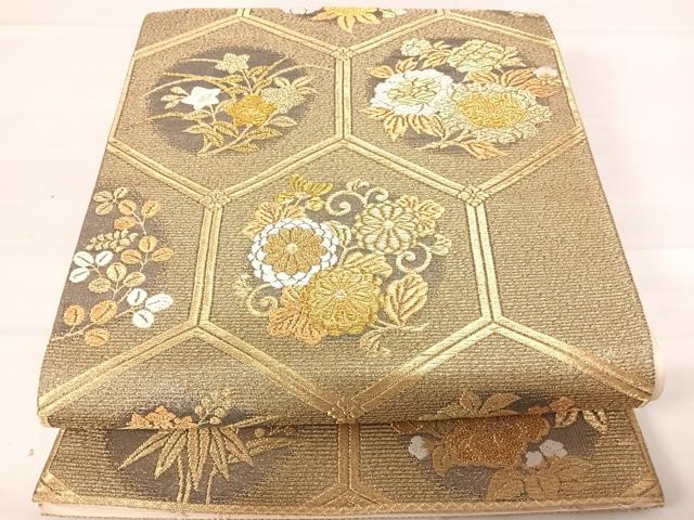 平和屋着物◎六通柄袋帯 唐織 朱座蜀金 亀甲花丸文 金糸 正絹 逸品 AABD3629yx