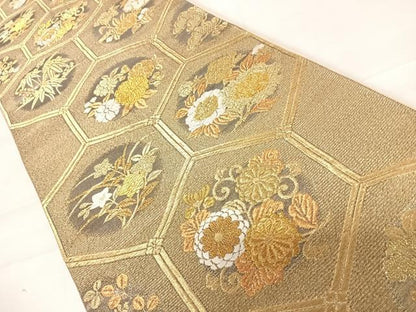 平和屋着物◎六通柄袋帯 唐織 朱座蜀金 亀甲花丸文 金糸 正絹 逸品 AABD3629yx