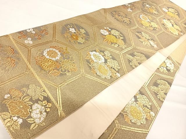 平和屋着物◎六通柄袋帯 唐織 朱座蜀金 亀甲花丸文 金糸 正絹 逸品 AABD3629yx