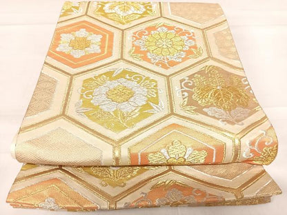 平和屋着物◎六通柄袋帯 亀甲花文 金銀糸 正絹 逸品 AABD3630yx
