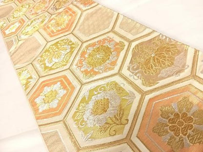 平和屋着物◎六通柄袋帯 亀甲花文 金銀糸 正絹 逸品 AABD3630yx