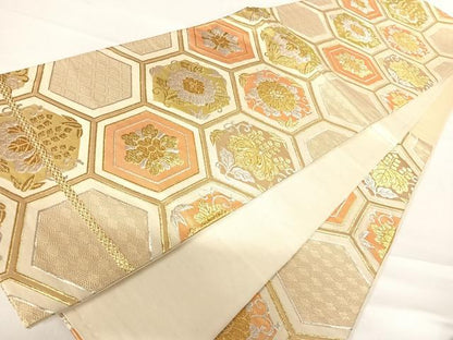 平和屋着物◎六通柄袋帯 亀甲花文 金銀糸 正絹 逸品 AABD3630yx