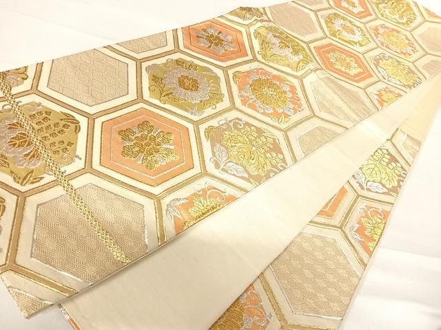 平和屋着物◎六通柄袋帯 亀甲花文 金銀糸 正絹 逸品 AABD3630yx
