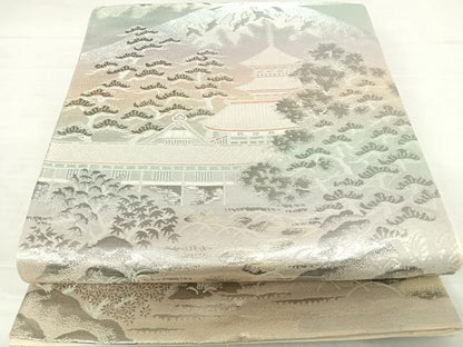 平和屋着物◎六通柄袋帯　風景文　錦プラチナ箔　正絹　逸品　AABD3639yx
