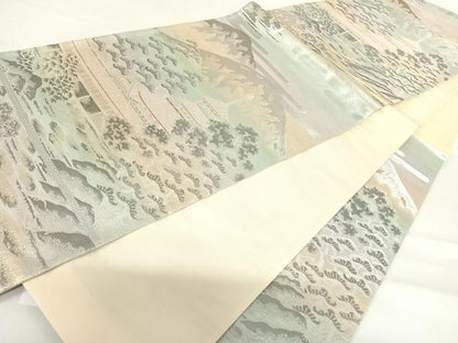 平和屋着物◎六通柄袋帯　風景文　錦プラチナ箔　正絹　逸品　AABD3639yx