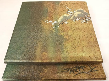 平和屋着物◎太鼓柄袋帯　枝梅松文　金糸　引箔　正絹　逸品　AABD3640yx