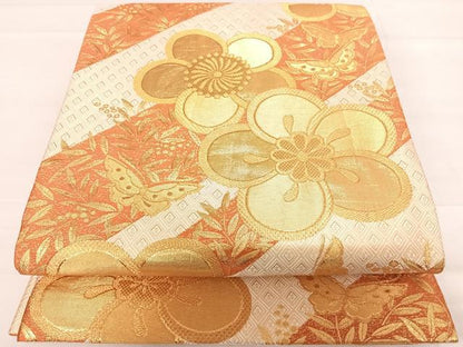 平和屋着物◎佐賀錦　六通柄袋帯　花蝶文　南天　金糸　正絹　逸品　AABD3662yx