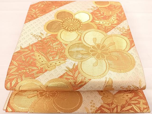 平和屋着物◎佐賀錦　六通柄袋帯　花蝶文　南天　金糸　正絹　逸品　AABD3662yx
