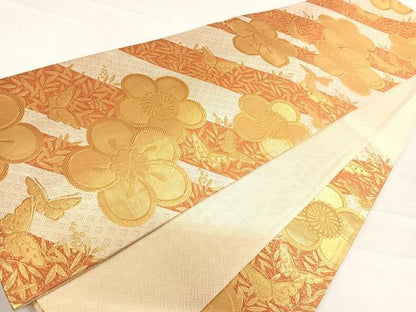 平和屋着物◎佐賀錦　六通柄袋帯　花蝶文　南天　金糸　正絹　逸品　AABD3662yx