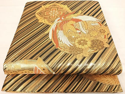 平和屋着物◎六通柄袋帯　鳳凰花丸文　黒地　金銀糸　正絹　逸品　AABD3675yx