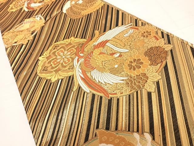 平和屋着物◎六通柄袋帯　鳳凰花丸文　黒地　金銀糸　正絹　逸品　AABD3675yx