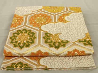平和屋着物◎六通柄袋帯　唐織　亀甲花文　金糸　正絹　逸品　AABD3737ou