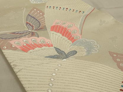 平和屋着物◎六通柄袋帯　舞蝶文　銀糸　正絹　逸品　AABD3742ou