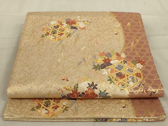 平和屋着物◎六通柄袋帯　唐織　花籠文　金糸　正絹　逸品　AABD3744ou