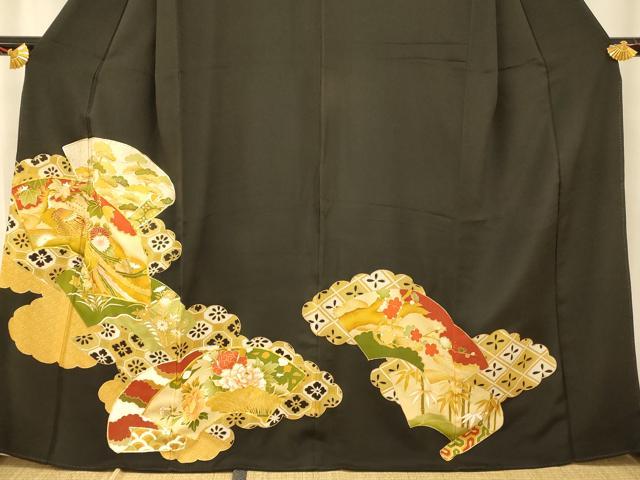 平和屋着物■豪華黒留袖　駒刺繍　吉祥地紙鳳凰花文　暈し染め　金彩　正絹　逸品　AABD3763fw