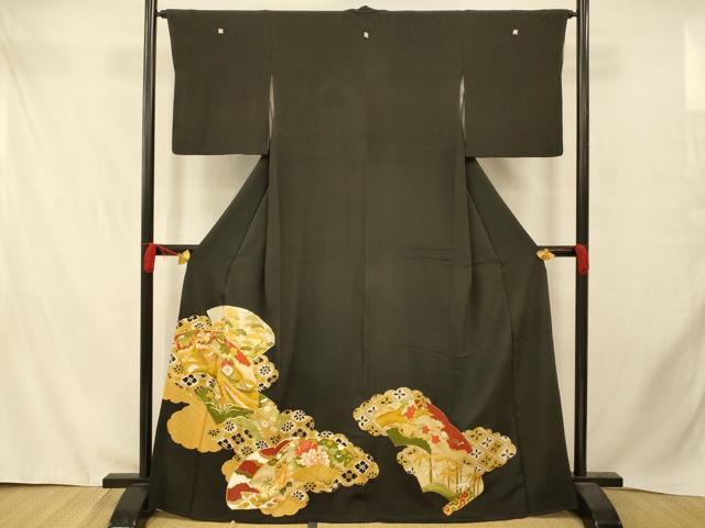 平和屋着物■豪華黒留袖　駒刺繍　吉祥地紙鳳凰花文　暈し染め　金彩　正絹　逸品　AABD3763fw