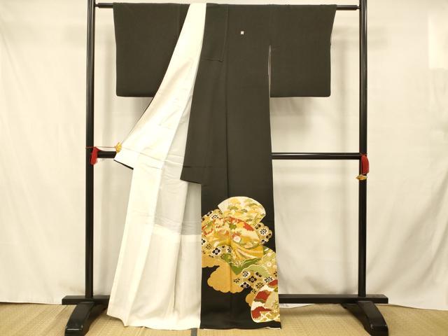 平和屋着物■豪華黒留袖　駒刺繍　吉祥地紙鳳凰花文　暈し染め　金彩　正絹　逸品　AABD3763fw