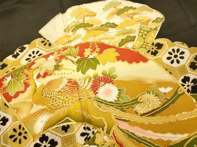 平和屋着物■豪華黒留袖　駒刺繍　吉祥地紙鳳凰花文　暈し染め　金彩　正絹　逸品　AABD3763fw