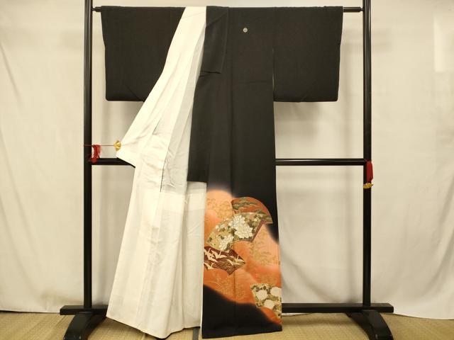 平和屋着物■豪華黒留袖　枝花地紙文　暈し染め　金銀彩　正絹　逸品　AABD3912fw