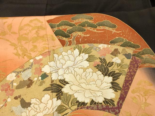 平和屋着物■豪華黒留袖　枝花地紙文　暈し染め　金銀彩　正絹　逸品　AABD3912fw