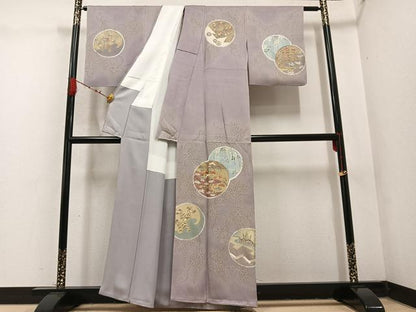 平和屋着物●訪問着　友禅　刺繍　草花丸文　暈し染め　金彩　正絹　逸品　AABD3927ph
