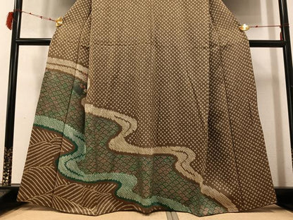 平和屋着物●訪問着　駒刺繍　絞り　草花青海波　金糸　正絹　逸品　AABD3944ph