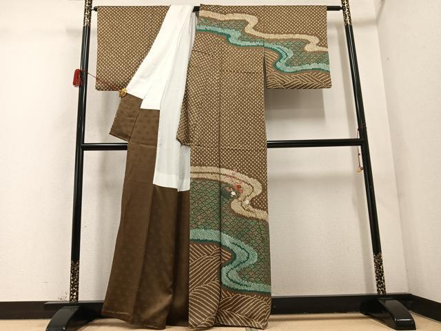 平和屋着物●訪問着　駒刺繍　絞り　草花青海波　金糸　正絹　逸品　AABD3944ph