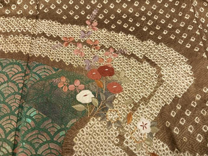 平和屋着物●訪問着　駒刺繍　絞り　草花青海波　金糸　正絹　逸品　AABD3944ph