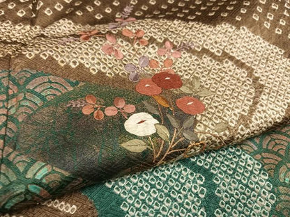 平和屋着物●訪問着　駒刺繍　絞り　草花青海波　金糸　正絹　逸品　AABD3944ph