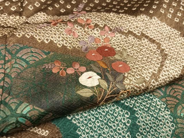 平和屋着物●訪問着　駒刺繍　絞り　草花青海波　金糸　正絹　逸品　AABD3944ph