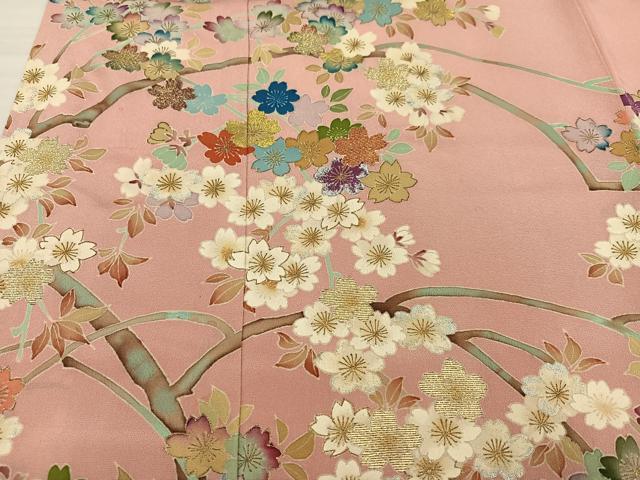 平和屋着物●豪華色留袖　友禅　手描き　桜　金銀彩　正絹　逸品　AABD3958ph